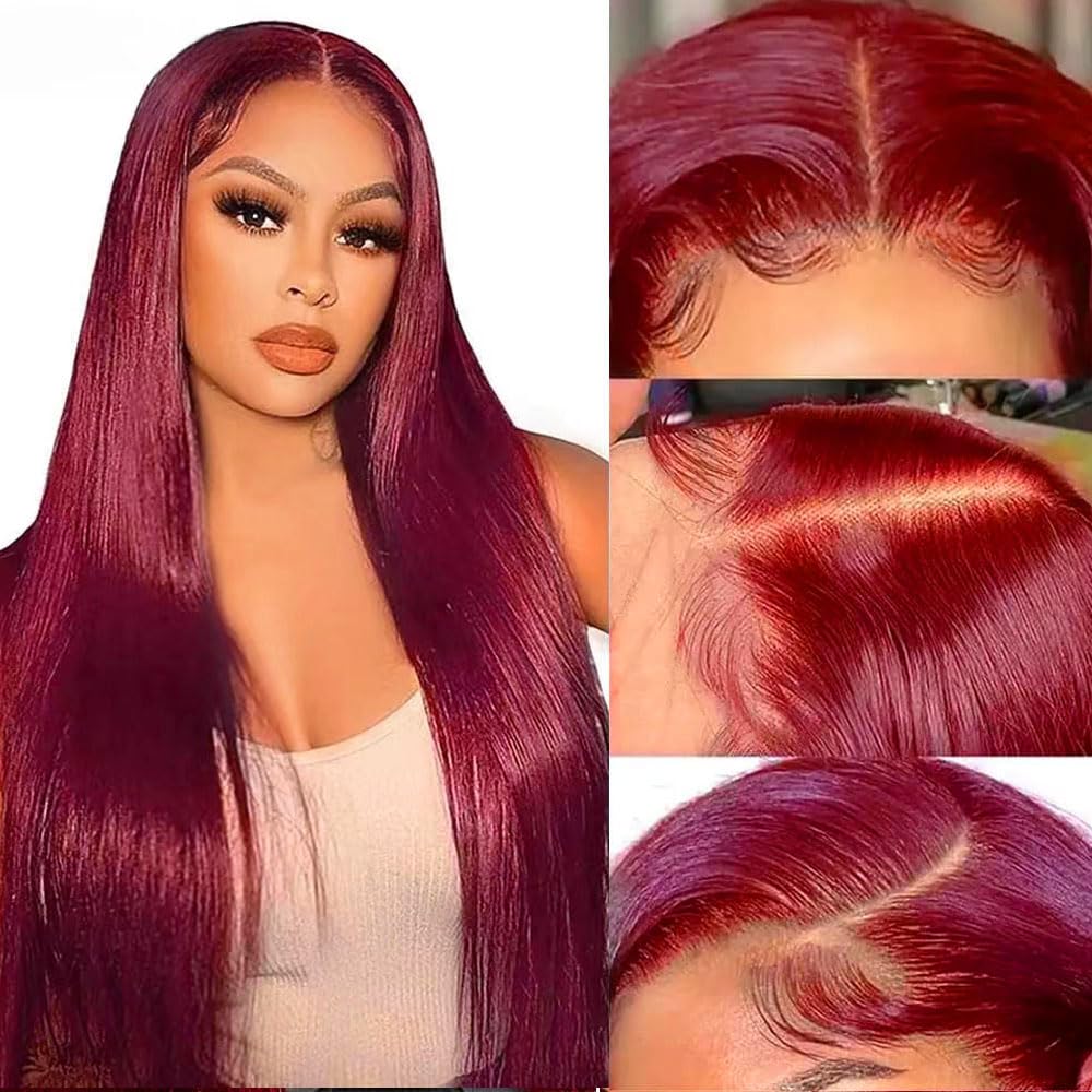 Carlmora™ BurgundyWig: Peruvian Straight Lace Frontal Wig in 99J Burgundy